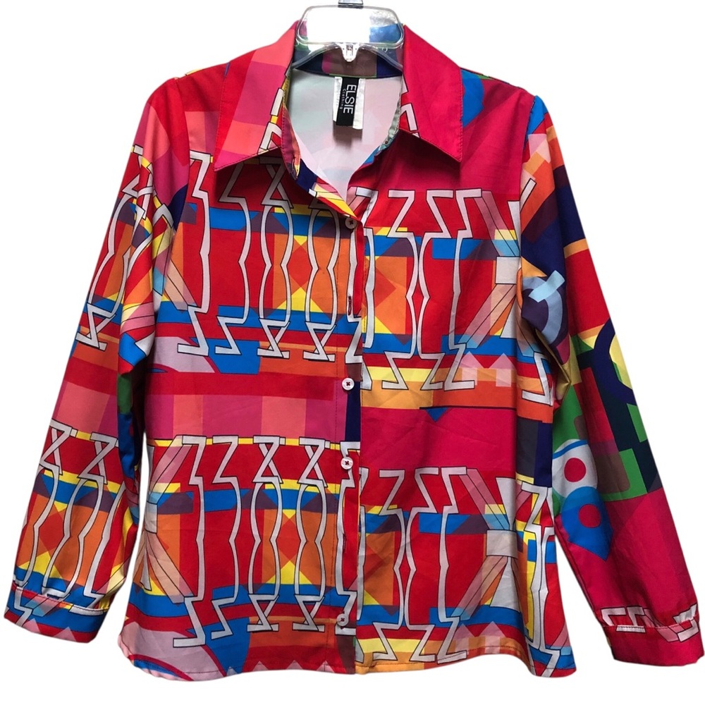 ELSIE Clothing Brand Colorful Vibrant Geometric Button-Up Shirt.Size XL Vintage